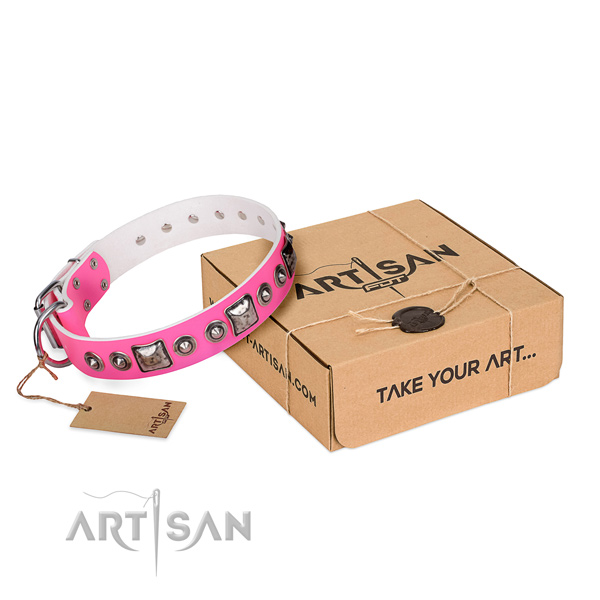 Gentle to touch natural genuine leather dog collar crafted for fancy walking