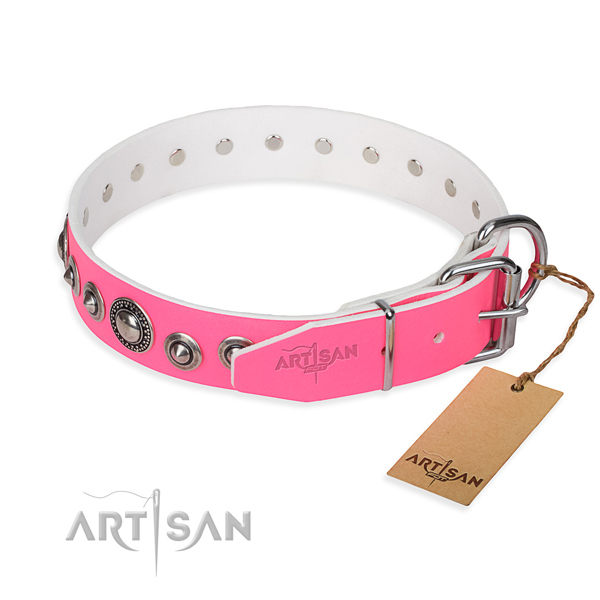 Full grain leather dog collar made of flexible material with strong embellishments