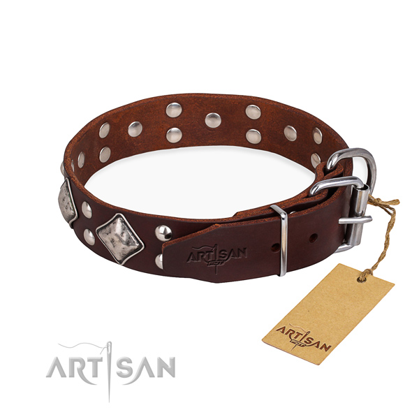 Full grain natural leather dog collar with exceptional strong adornments