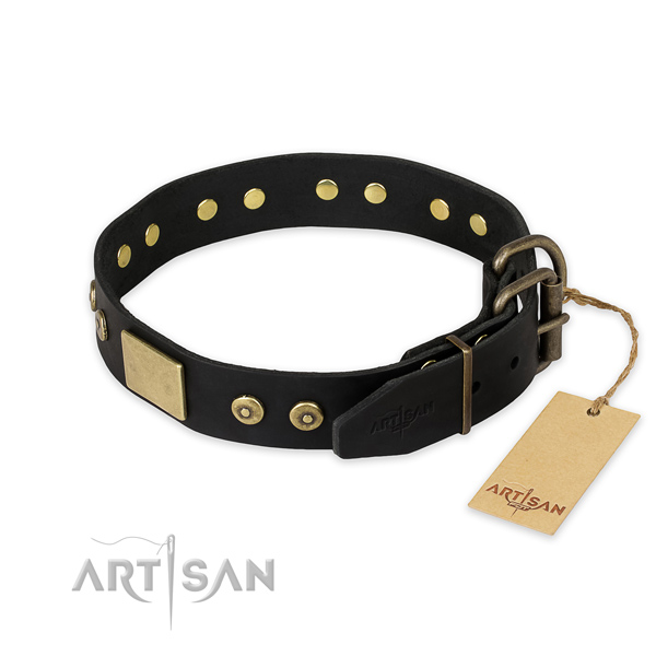 Strong hardware on full grain natural leather collar for basic training your four-legged friend
