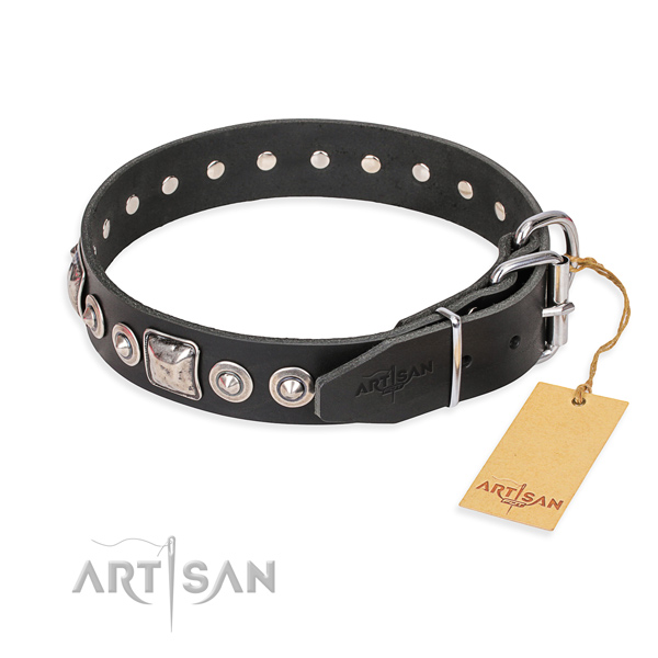 Leather dog collar made of high quality material with corrosion resistant decorations