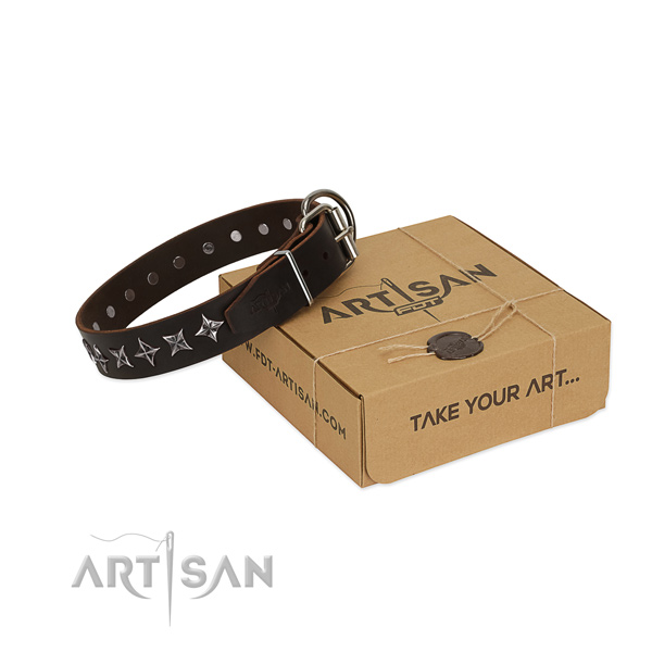 Handy use dog collar of strong full grain natural leather with embellishments