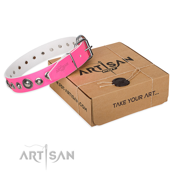 Leather dog collar made of soft material with corrosion proof D-ring