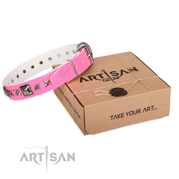Comfy wearing full grain leather dog collar with adornments