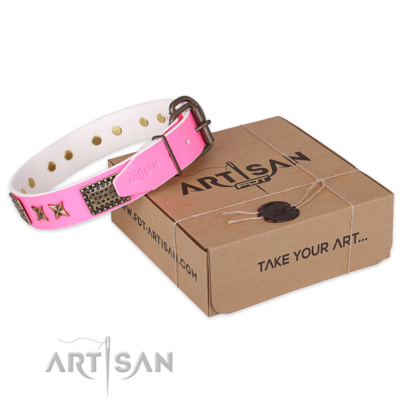 Durable D-ring on full grain leather collar for your beautiful doggie