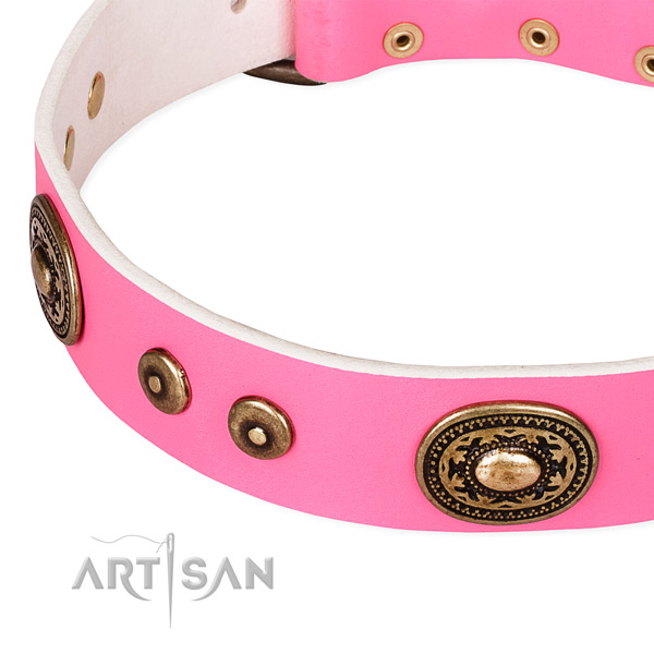 Full grain leather dog collar made of gentle to touch material with adornments