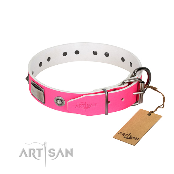 Easy adjustable dog collar of leather with adornments