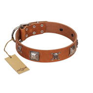 "Amorous Escapade" Embellished FDT Artisan Tan Leather English Bull Terrier Collar with Chrome Plated Crossbones and Plates