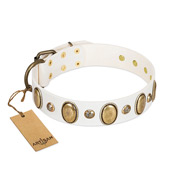 "Milky Lagoon" FDT Artisan White Leather English Bull Terrier Collar with Vintage Looking Oval and Round Adornments