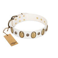 "Nifty Doodad" FDT Artisan White Leather English Bull Terrier Collar with Amazing Large Ovals and Small Studs
