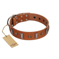 "Golden Crossbones" Handmade FDT Artisan Tan Leather English Bull Terrier Collar with Plates and Skulls