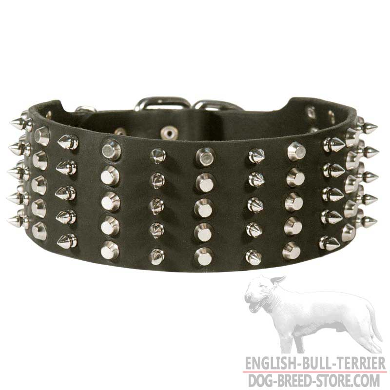 Extra Wide Spiked and Studded Leather Bull Terrier Collar
