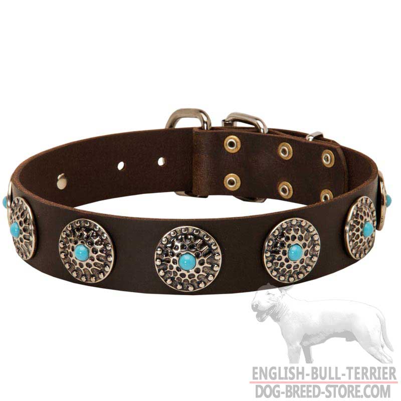 Wide Leather Bull Terrier Collar with Blue Decorative Stones - Click Image to Close