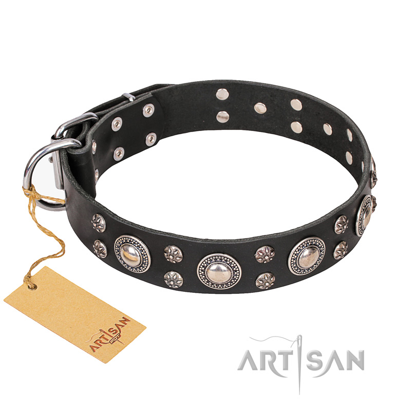 FDT Artisan 'Vintage Necklace' Studded Black Leather English Bull Terrier Dog Collar - 1 1/2 inch (40mm) wide