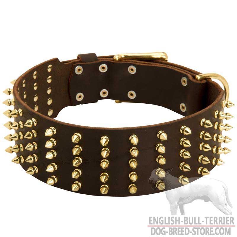Extra Wide Leather Bull Terrier Collar with 5 Rows of Spikes
