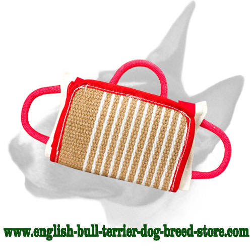 English Bull Terrier Jute Cover ''Biting Jaws'' Pillow - Click Image to Close
