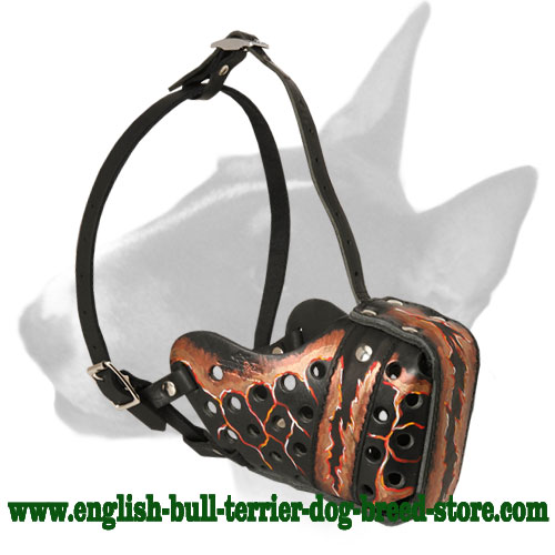 Magma Painted Leather Bull Terrier Muzzle For Training M78 1090 Magma Painted Bull Terrier Harnesses Bull Terrier Muzzle Bull Terrier Collars Bull Terrier Leads Dog Leashes Prong Collars For Bull Terrier Pinch