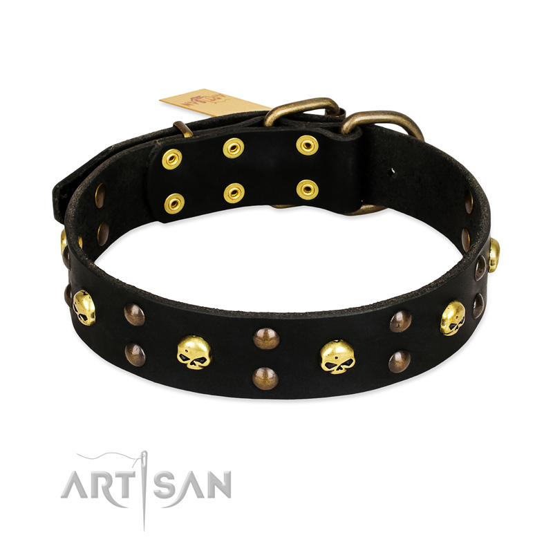 FDT Artisan 'Heavy Metal' Leather English Bull Terrier Collar with Skulls and Studs 1 1/2 inch (40 mm) - Click Image to Close