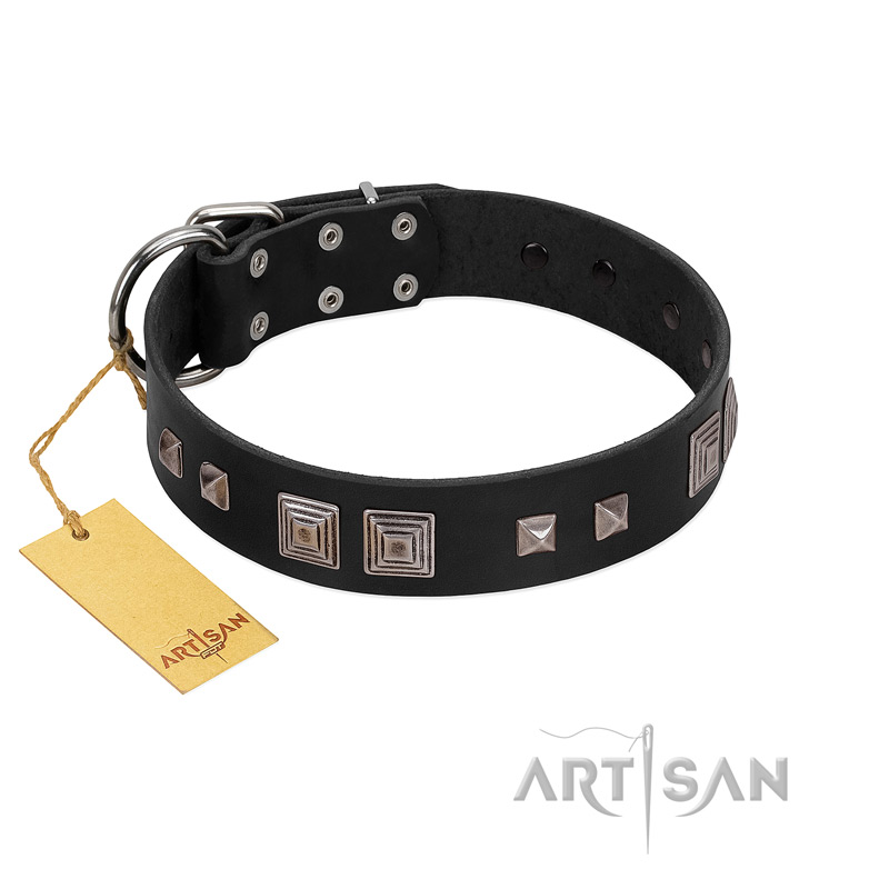 "Foregone Riches" FDT Artisan Black Leather English Bull Terrier Collar with Old Silver-like Square Studs and Pyramids - Click Image to Close