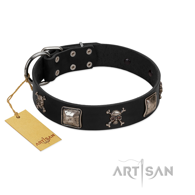 "Sea Rover" Embellished FDT Artisan Black Leather English Bull Terrier Collar with Chrome Plated Crossbones and Plates
