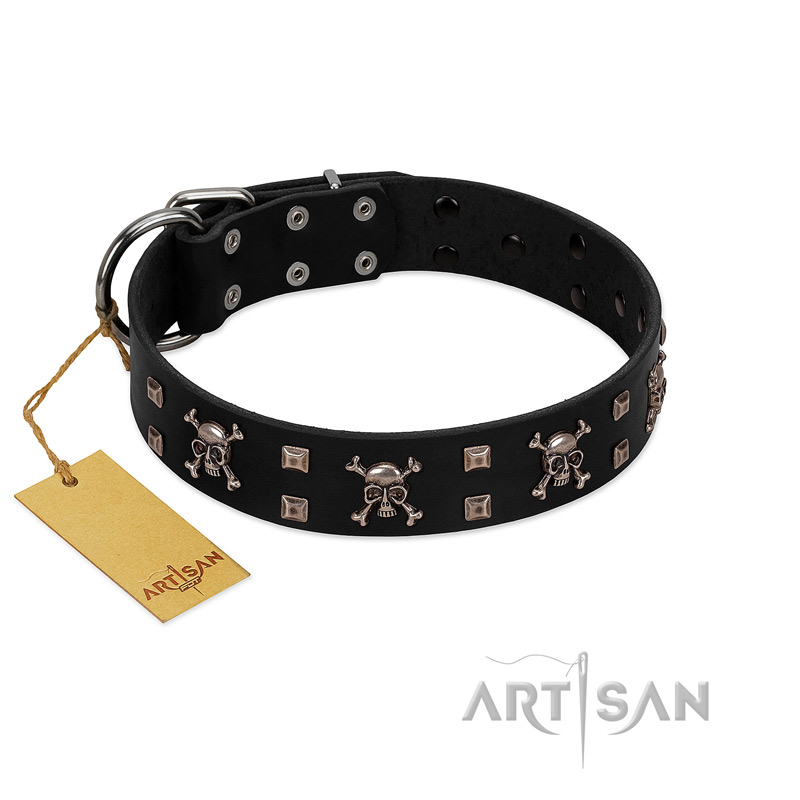 "Black Jack" Stylish Handmade FDT Artisan Black Leather English Bull Terrier Collar - Click Image to Close
