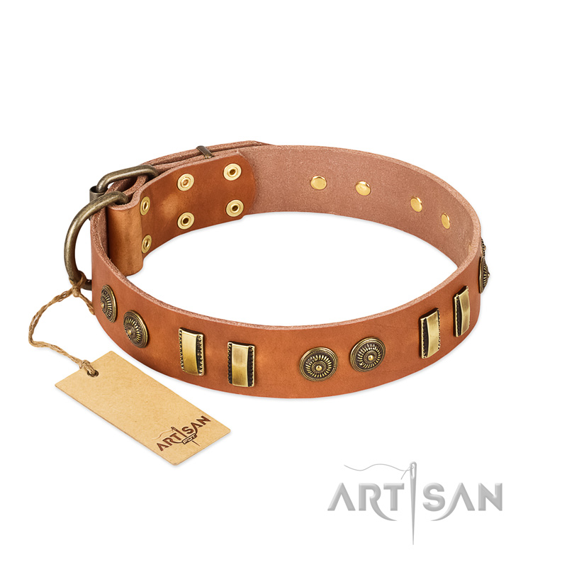 "Natural Beauty" FDT Artisan Tan Leather English Bull Terrier Collar with Old Bronze-like Circles and Plates - Click Image to Close