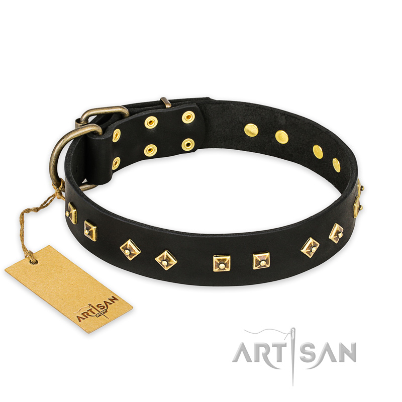 "Rhomb Style" FDT Artisan Decorated Leather English Bull Terrier Collar with Old Bronze-Plated Studs 1 1/2 inch (40 mm) Wide