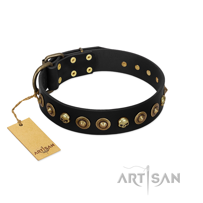 "Reckless Mutt" FDT Artisan Black Leather English Bull Terrier Collar with Skulls and Brooches