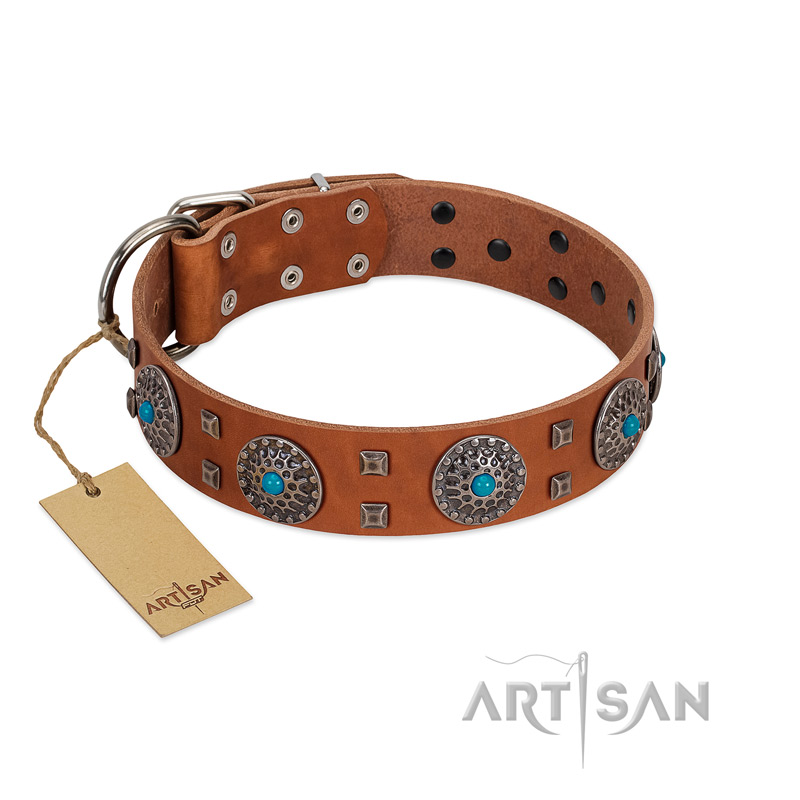 "Blue Sands" FDT Artisan Tan Leather English Bull Terrier Collar with Silver-like Studs and Round Conchos with Stones
