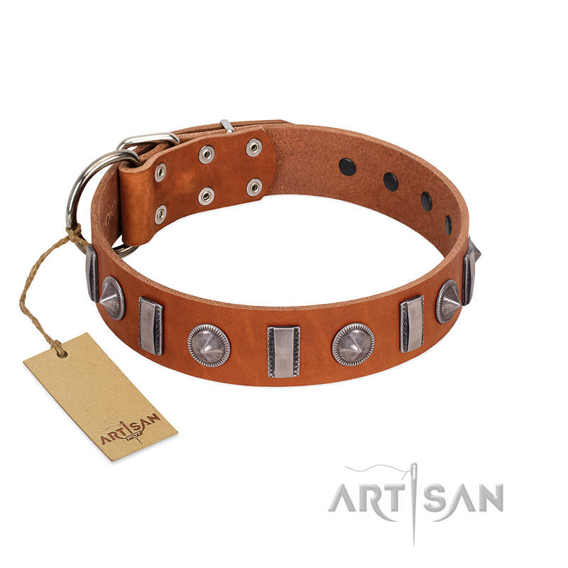 "Luxurious Necklace" FDT Artisan Tan Leather English Bull Terrier Collar with Silver-Like Adornments