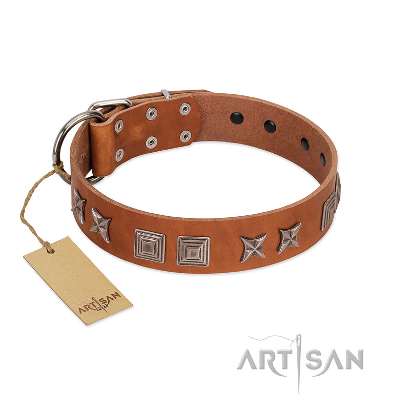 "Antique Figures" FDT Artisan Tan Leather English Bull Terrier Collar with Silver-like Engraved Plates