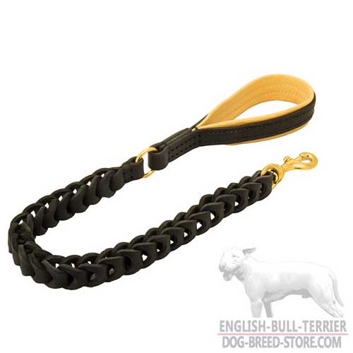Strong Braided Leather Bull Terrier Leash with Nappa Padded Handle for Training